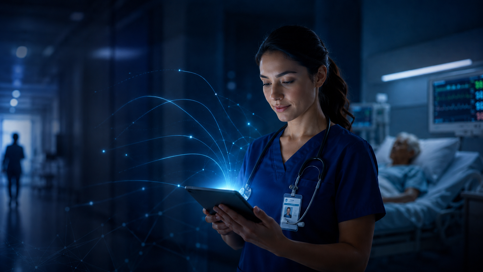 Nurse using AI-powered tablet on care floor